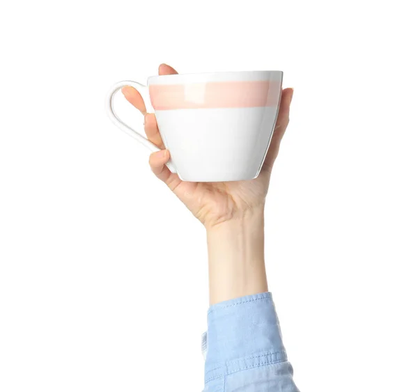 Femme Tenant Tasse Céramique Sur Fond Blanc Gros Plan — Photo