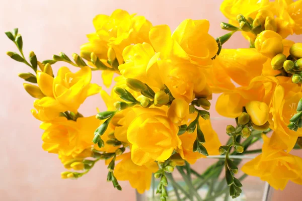 Vackra Blommande Gula Freesias Glasvas Mot Rosa Bakgrund Närbild — Stockfoto