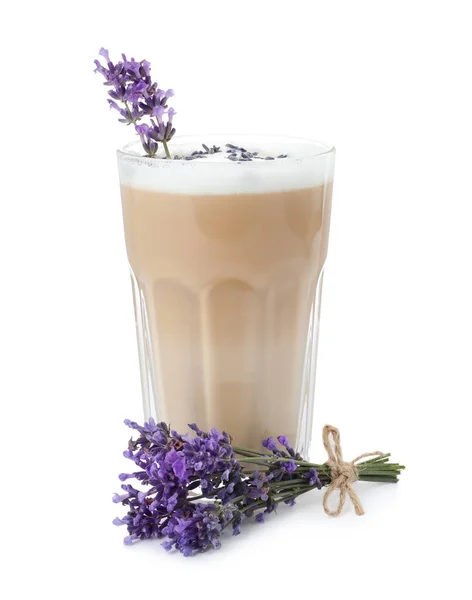 Delicious coffee with lavender on white background