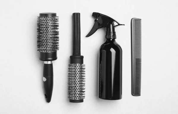 Flat Lay Composition Modern Hair Comb Brushes White Background — Stock Photo, Image