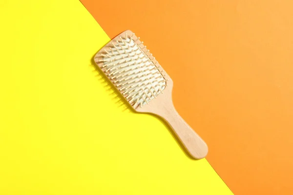 Wooden Hair Brush Color Background Top View — Stock Photo, Image