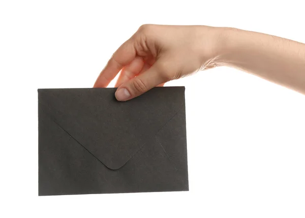 Mulher Segurando Envelope Papel Preto Fundo Branco Close — Fotografia de Stock