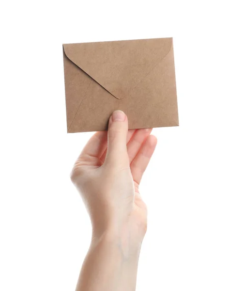 Mujer Sosteniendo Sobre Papel Kraft Sobre Fondo Blanco Primer Plano —  Fotos de Stock