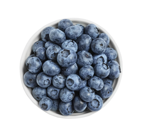 Fresh ripe blueberries in bowl on white background, top view