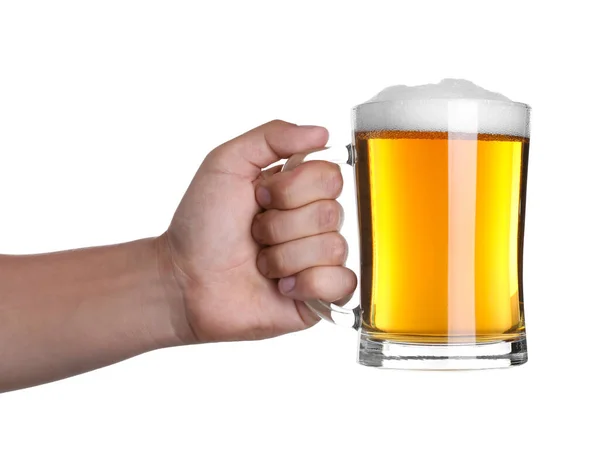 Uomo Che Tiene Tazza Vetro Con Birra Sfondo Bianco Primo — Foto Stock