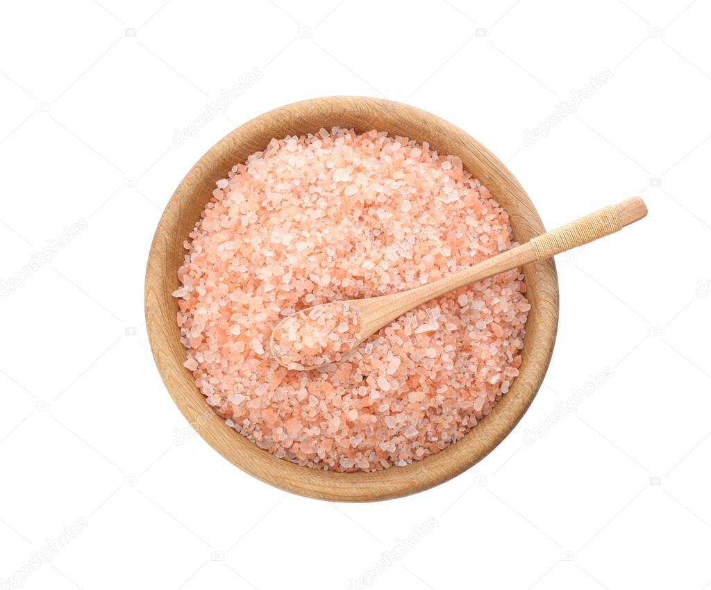 Wooden bowl and spoon with pink himalayan salt on white background, top view
