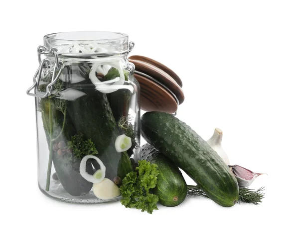 Pickling Jar Fresh Ripe Cucumbers Isolated White Royalty Free Stock Images