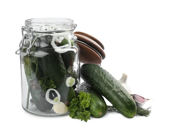 Pickling jar with fresh ripe cucumbers isolated on white — Stock Image Pickling Jar Fresh Ripe Cucumbers Isolated White Royalty Free Stock Photos