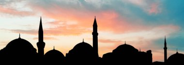 Silhouette of mosque during sunset, banner design. Muslim culture  clipart