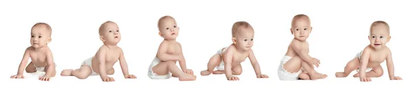 Collage Met Foto Van Schattige Baby Kruipen Witte Achtergrond Banner — Stockfoto