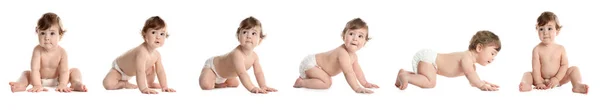 Collage Met Foto Van Schattige Baby Kruipen Witte Achtergrond Banner — Stockfoto