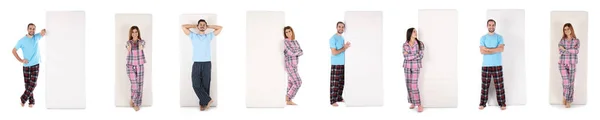 Collage Photos People Mattresses White Background Banner Design — Stock Photo, Image