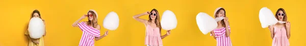 Collage Photos Young Woman Holding Cotton Candy Yellow Background Banner — Stock Photo, Image