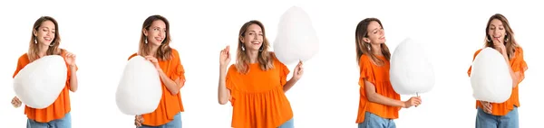 Collage Photos Young Woman Holding Cotton Candy White Background Banner — Stock Photo, Image