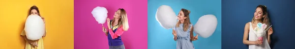 Renkli Arka Planda Pamuk Şeker Tutan Genç Bir Kadının Fotoğraflarıyla — Stok fotoğraf