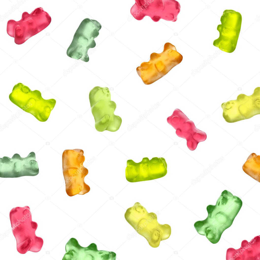 Set with delicious jelly bears on white background