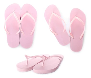 Beyaz arka planda plaj terlikleri olan kolaj