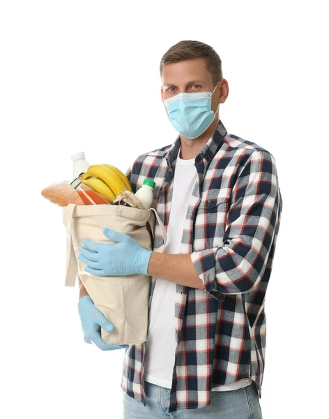 Hombre Voluntario Máscara Protectora Guantes Con Productos Sobre Fondo Blanco —  Fotos de Stock