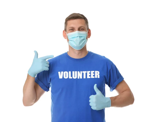 Άνδρας Εθελοντής Μάσκα Και Γάντια Λευκό Φόντο Μέτρα Προστασίας Κατά — Φωτογραφία Αρχείου