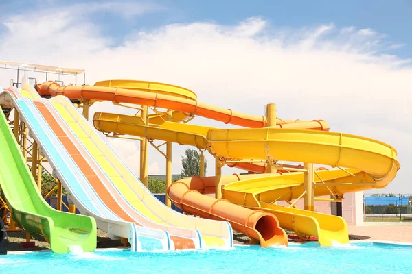 Different Colorful Slides Water Park Sunny Day — Stock Photo, Image