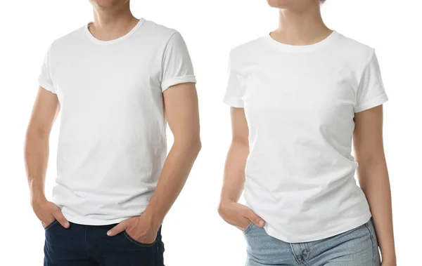 Homem Mulher Shirts Fundo Branco Close Mockup Para Design — Fotografia de Stock