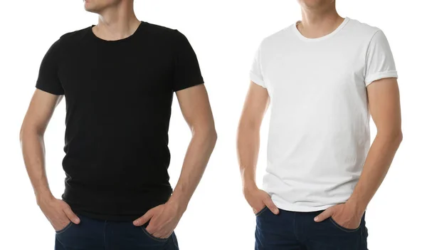 白い背景に男のTシャツ クローズアップ デザインのためのモックアップ — ストック写真