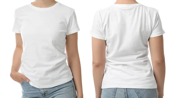 穿着白色背景T恤的女人 后视镜和前视镜的特写 用于设计的模型 — 图库照片