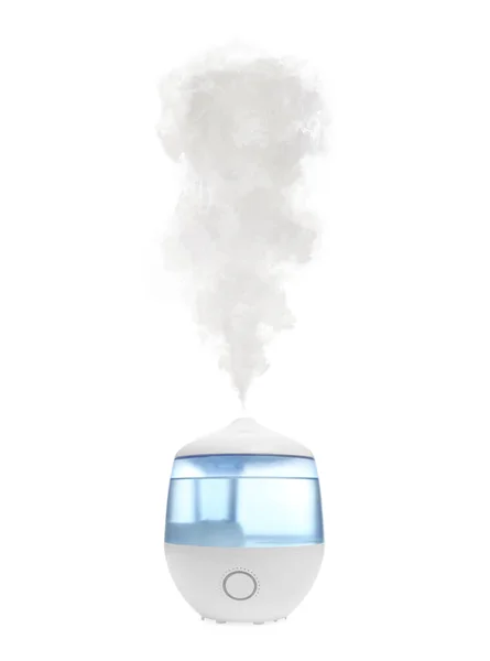白に隔離された蒸気と新しい近代的な空気加湿器 — ストック写真