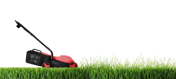 現代の庭の芝生の芝刈り機 緑の草 白の背景を切断 バナーデザイン — ストック写真