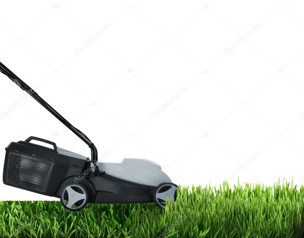 Modern garden lawn mower cutting green grass, white background