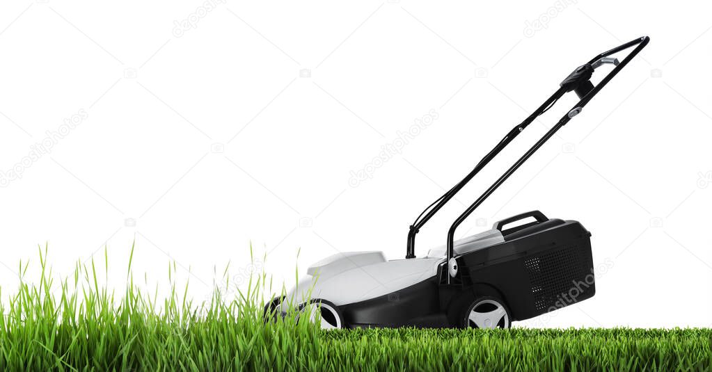 Modern garden lawn mower cutting green grass, white background. Banner design