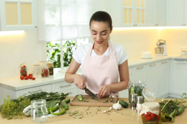 Mutfakta salatalık kesen bir kadın. Turşular hazırlanıyor