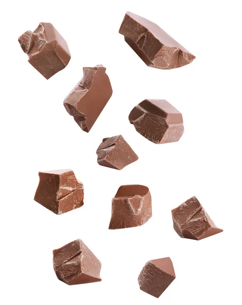 Morceaux Délicieux Chocolat Lait Tombant Sur Fond Blanc — Photo