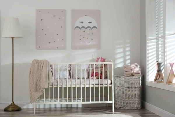 Stylish Baby Room Interior Crib Cute Pictures Wall — Stock Photo, Image