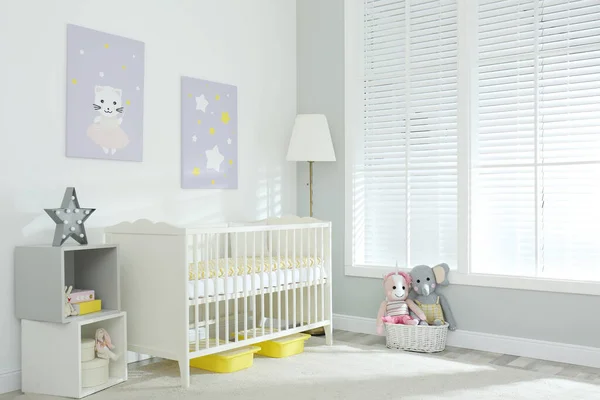 Stylish Baby Room Interior Crib Cute Pictures Wall — Stock Photo, Image