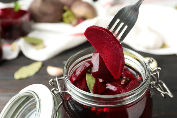 Fork Pickled Beet Glass Jar Wooden Table Closeup — Stock Photo, Image
