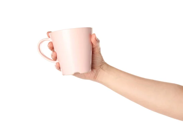 Woman Holding Pink Cup White Background Closeup — Stock Photo, Image