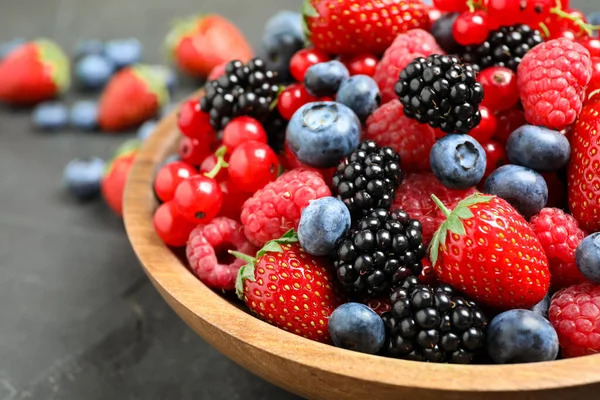 Mix Different Fresh Berries Bowl Grey Table Closeup — Stock Photo, Image