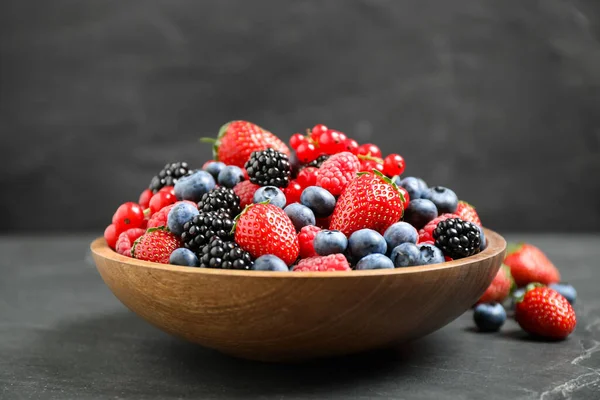 Mix Different Fresh Berries Bowl Grey Table — Stock Photo, Image