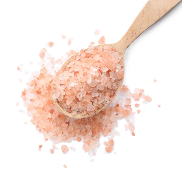 Holzlöffel Mit Rosa Himalaya Salz Isoliert Auf Weiß Von Oben — Stockfoto