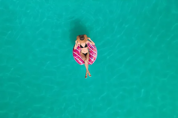 Young Happy Woman Inflatable Ring Swimming Pool Top View Summer — Stock Photo, Image