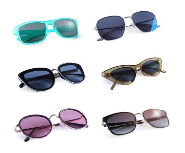 Beyaz arka planda farklı tarz güneş gözlüklü kolaj