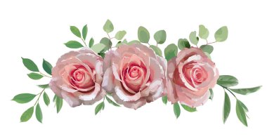 Beyaz arka planda yeşil yapraklı güzel güller. Şık tasarım