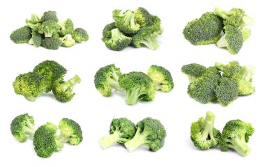 Beyaz arka planda taze yeşil brokoli seti