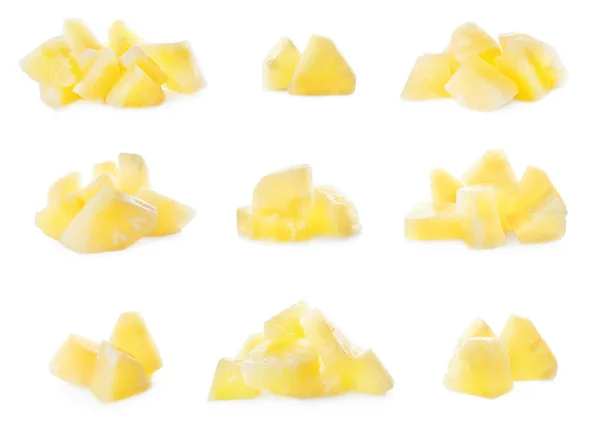 Sada Konzervovaných Ananasových Kousků Bílém Pozadí — Stock fotografie