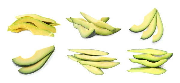 Set Van Avocado Plakjes Witte Achtergrond Banner Design — Stockfoto