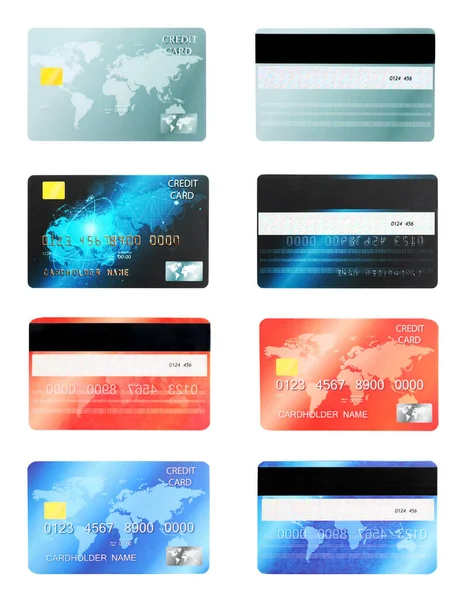 白を背景にした現代的なクレジットカードのセット フロントとバックビュー — ストック写真