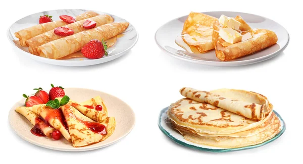 Set Pancake Tipis Lezat Pada Latar Belakang Putih Desain Banner — Stok Foto