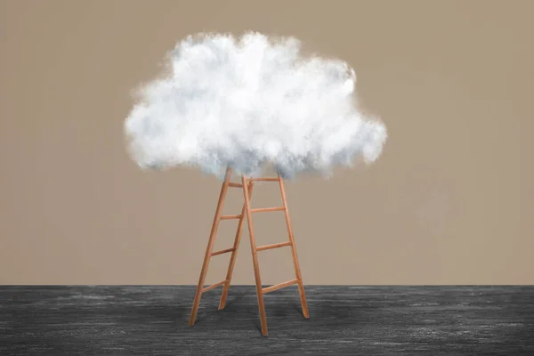 Wooden ladder with cloud near brown wall. Conceptual design