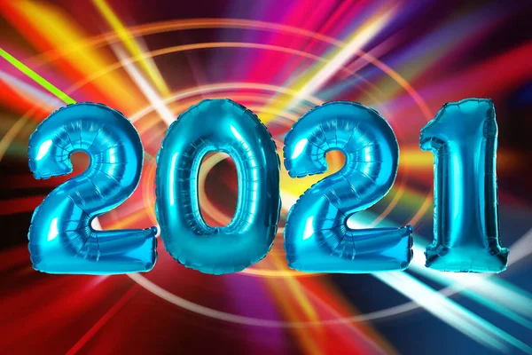 2021 Yılbaşı Kutlaması Renkli Arka Planda Parlak Mavi Balonları Olan — Stok fotoğraf